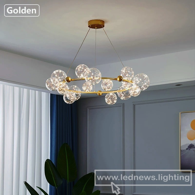 $103.50 - 325.45 Creative Chandelier Circle Lights Clear Glass Ball Ceiling Hanging Lamp Romantic Star Living Room Decor Led Lighting Gold